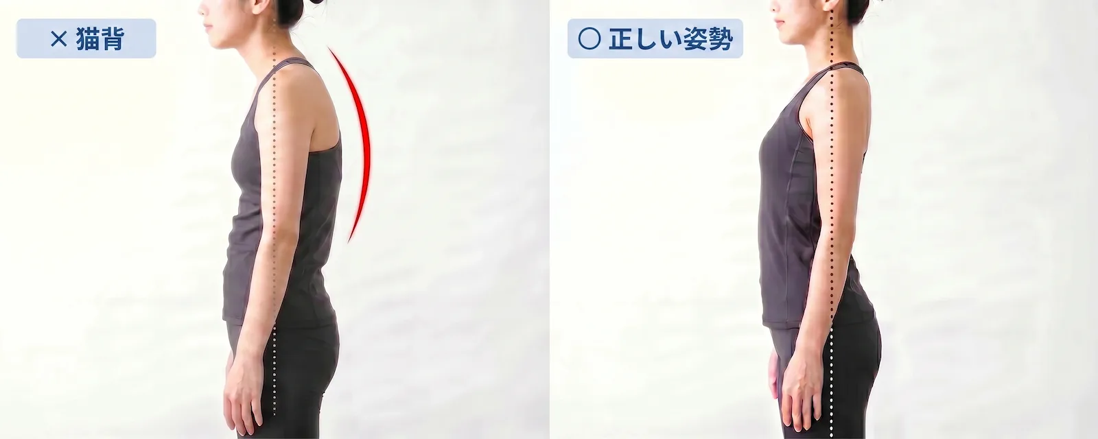 猫背と正しい姿勢を横から見た比較イメージ