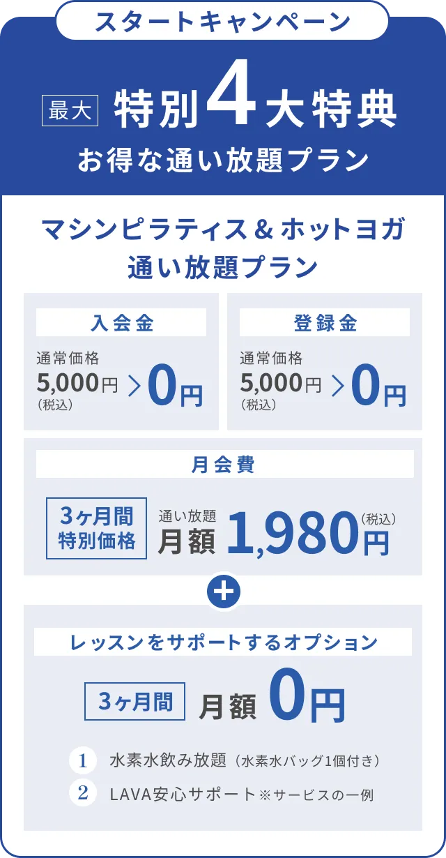 スタートキャンペーン 特別4大特典 マシンピラティス&ホットヨガ通い放題プラン 月額1,980円
