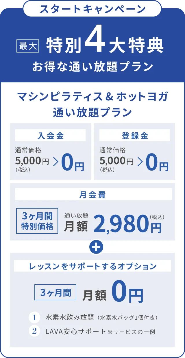 スタートキャンペーン 特別4大特典 マシンピラティス&ホットヨガ通い放題プラン 月額2,980円