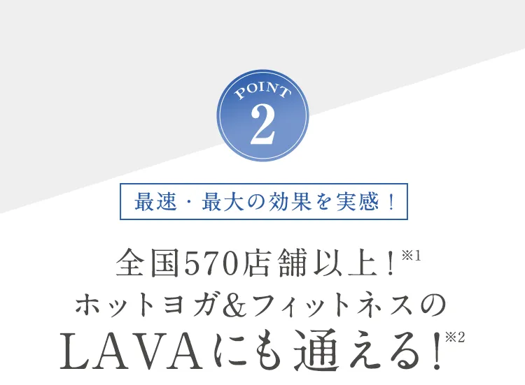 POINT2 最速・最大の効果を実感！全国570店舗以上！※1 ホットヨガ&フィットネスのLAVAにも通える！※2