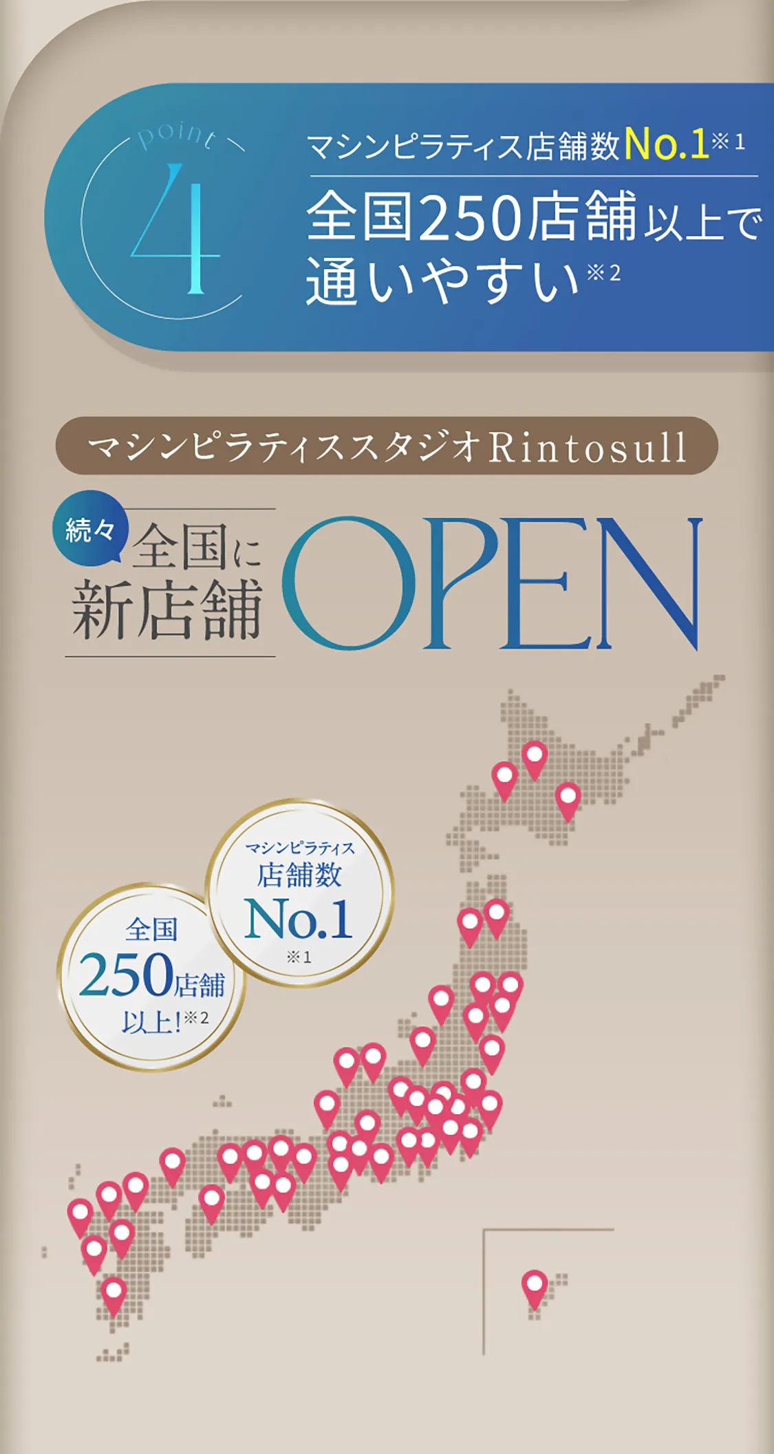 4 マシンピラティス店舗数No.1 全国250店舗以上で通いやすい