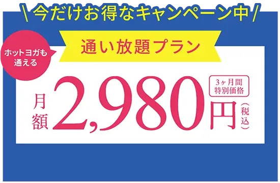 今だけお得なキャンペーン中 ホットヨガも通える通い放題プラン 月額2,980円(税込) 3ヶ月間特別価格