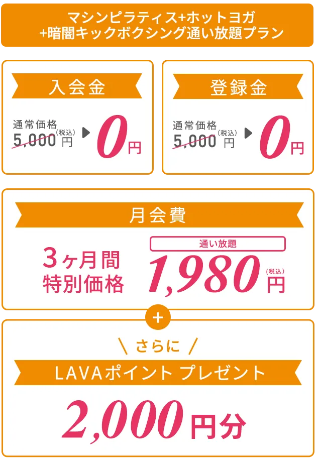 マシンピラティス＋ホットヨガ＋暗闇キックボクシング通い放題プラン ３つのフィットネスが全国通い放題でおトク！ 入会金：通常価格5,000円（税込）→0円、登録金：通常価格5,000円（税込）→0円、月会費：3ヶ月間特別価格1,980円　さらにLAVAポイント2,000円分プレゼント