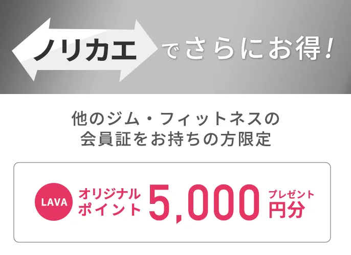 ノリカエでさらにお得！他のジム、フィットネスの会員証をお持ちの方限定　月会費3ヶ月間0円+店内商品の購入に使えるLAVAポイント10,000円分プレゼント