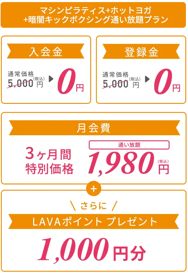 マシンピラティス＋ホットヨガ＋暗闇キックボクシング通い放題プラン ３つのフィットネスが全国通い放題でおトク！ 入会金：通常価格5,000円（税込）→0円、登録金：通常価格5,000円（税込）→0円、月会費：3ヶ月間特別価格1,980円　さらにLAVAポイント1,000円分プレゼント