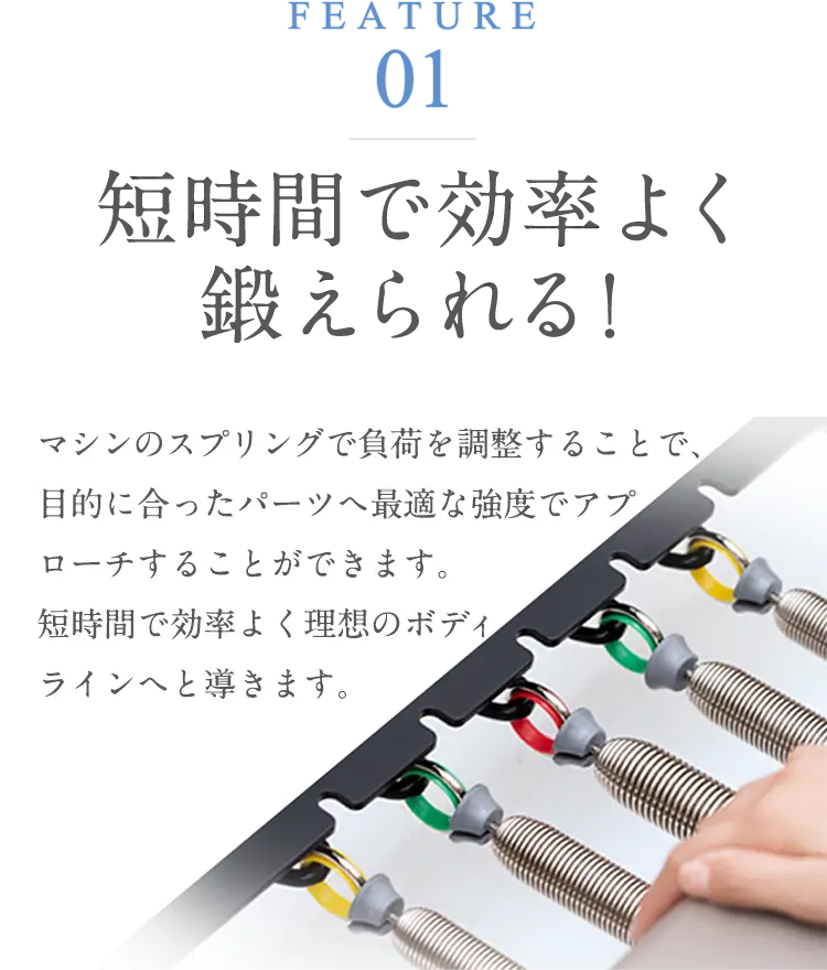 FEATURE01 短時間で効率よく鍛えられる！マシンのスプリングで負荷を調整することで、目的に合ったパーツへ最適な強度でアプローチすることができます。短時間で効率よく理想のボディラインへと導きます。