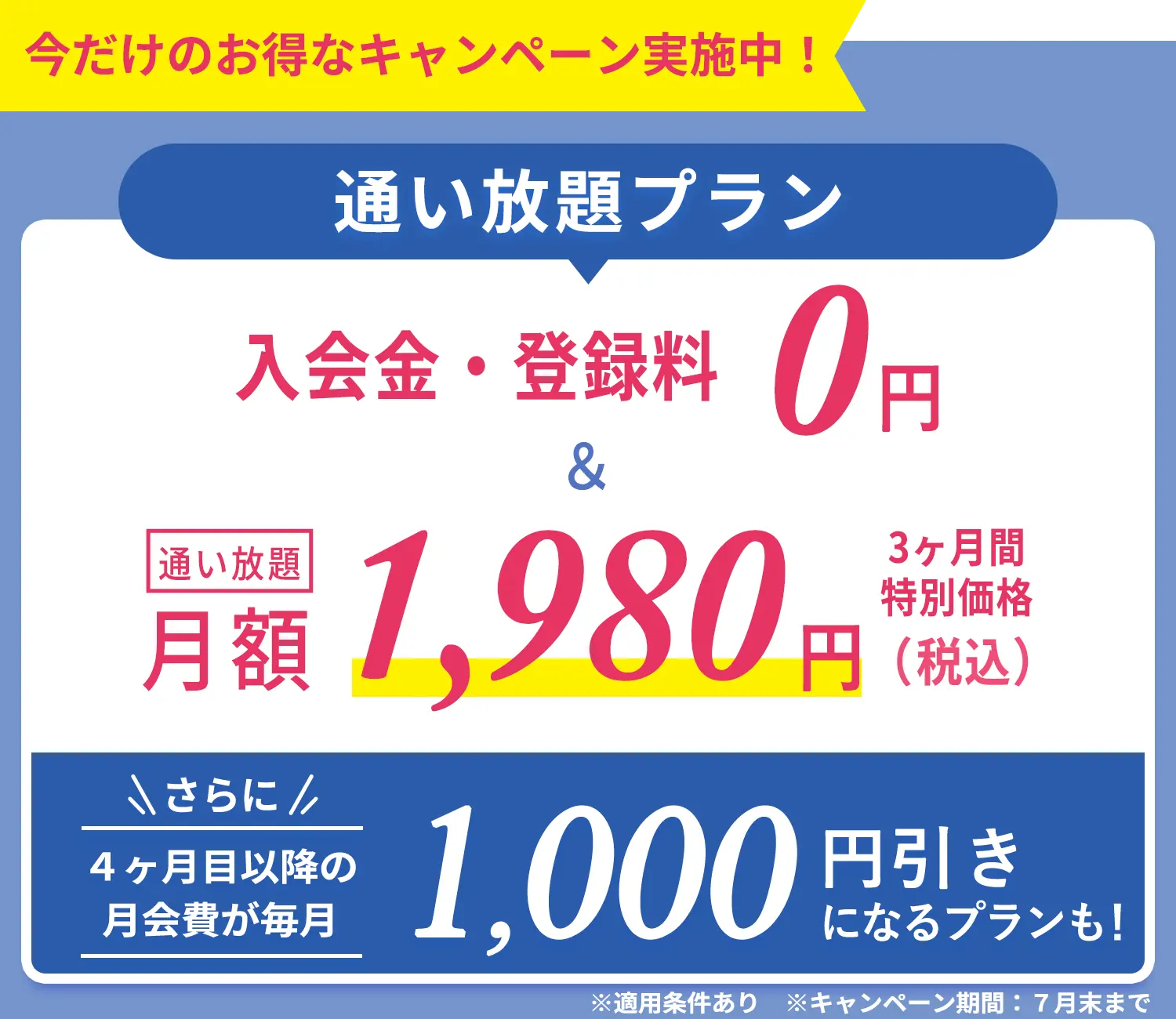 今だけのおトクなキャンペーン実施中！通い放題プラン 入会金・登録金　0円＆通い放題3ヶ月間　特別価格1,980円 さらに4ヶ月目以降の月会費が毎月1,000円引きになるプランも！