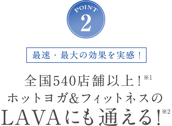 POINT2 最速・最大の効果を実感！全国540店舗以上！※1 ホットヨガ&フィットネスのLAVAにも通える！※2