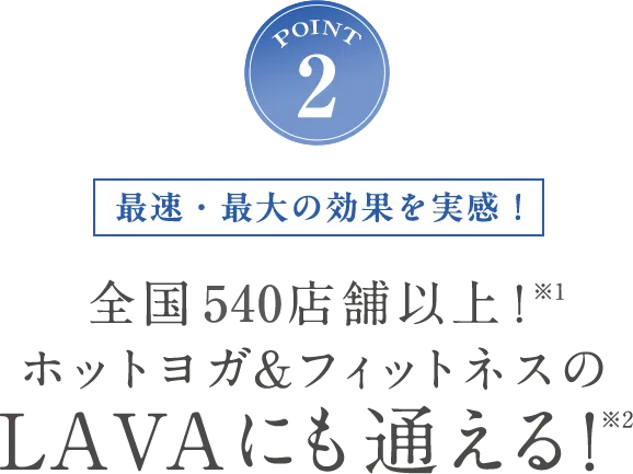 POINT2 最速・最大の効果を実感！全国540店舗以上！※1 ホットヨガ&フィットネスのLAVAにも通える！※2