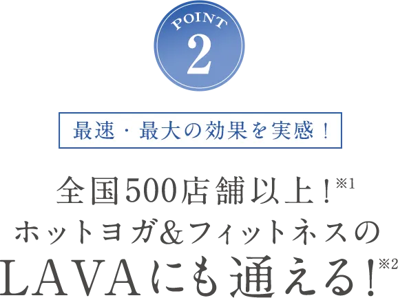 POINT2 最速・最大の効果を実感！全国500店舗以上！※1 ホットヨガ&フィットネスのLAVAにも通える！※2