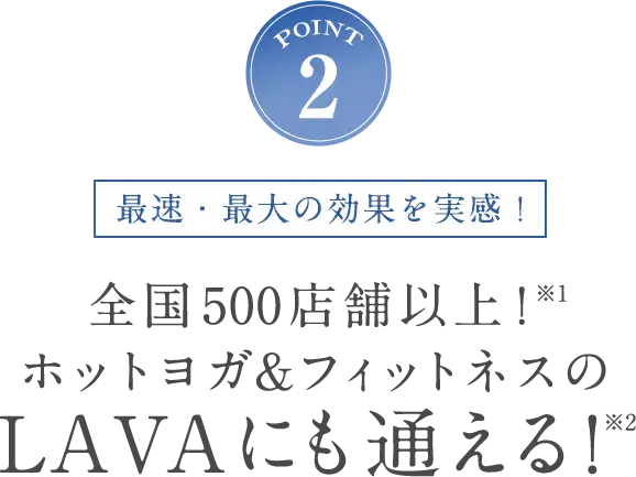 POINT2 最速・最大の効果を実感！全国500店舗以上！※1 ホットヨガ&フィットネスのLAVAにも通える！※2