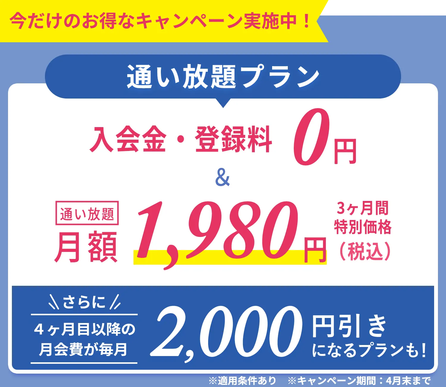 今だけのおトクなキャンペーン実施中！通い放題プラン　入会金・登録金　0円＆通い放題3ヶ月間　特別価格1,980円