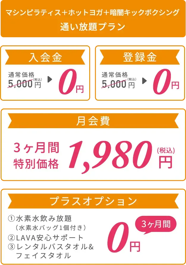 マシンピラティス＋ホットヨガ通い放題プラン 2,000円プラスするだけでホットヨガLAVAも通えておトク！ 入会金：通常価格5,000円（税込）→0円、登録金：通常価格5,000円（税込）→0円、月会費：3ヶ月間特別価格1,980円　プラスオプション：①水素水飲み放題（水素水バッグ1個付き）②LAVA安心サポート　③レンタルバスタオル&フェイスタオル 3ヶ月間0円