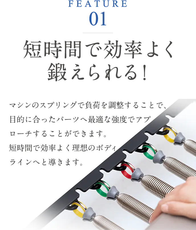 FEATURE01 短時間で効率よく鍛えられる！マシンのスプリングで負荷を調整することで、目的に合ったパーツへ最適な強度でアプローチすることができます。短時間で効率よく理想のボディラインへと導きます。