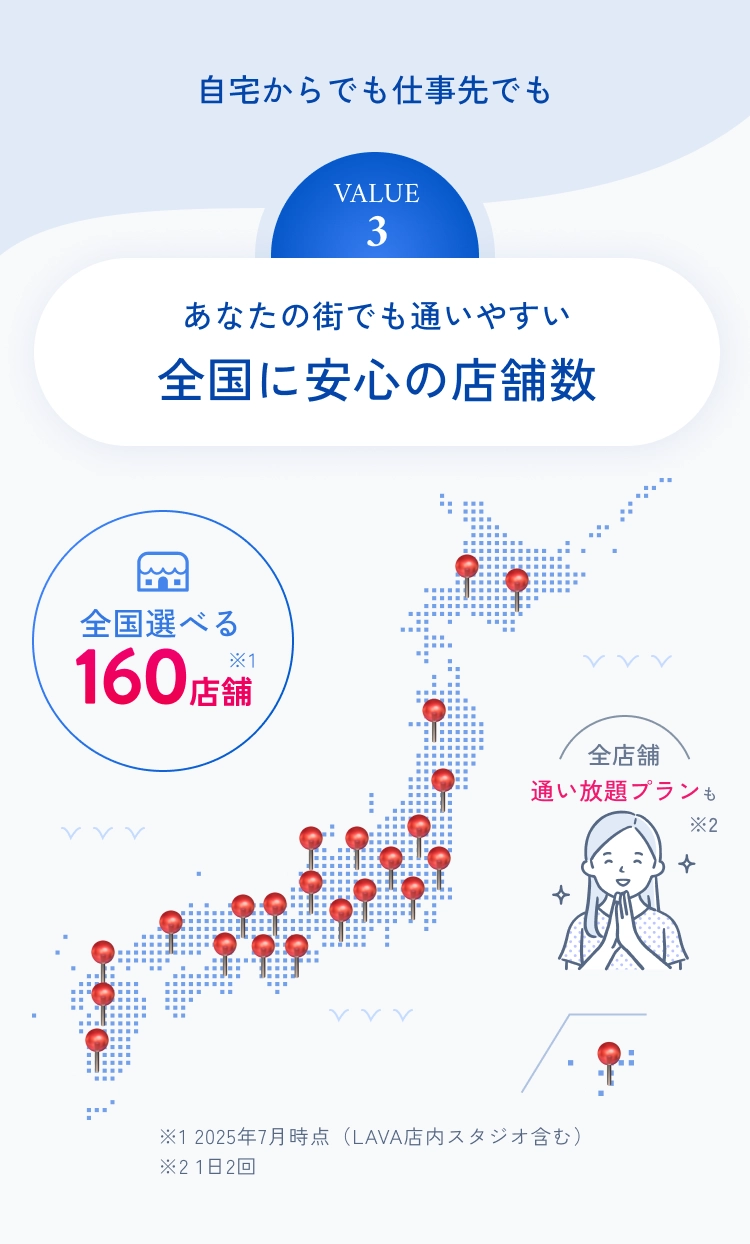 あなたの街でも通いやすい全国に安心の店舗数。全国選べる140店舗。全店舗
通い放題プランも。