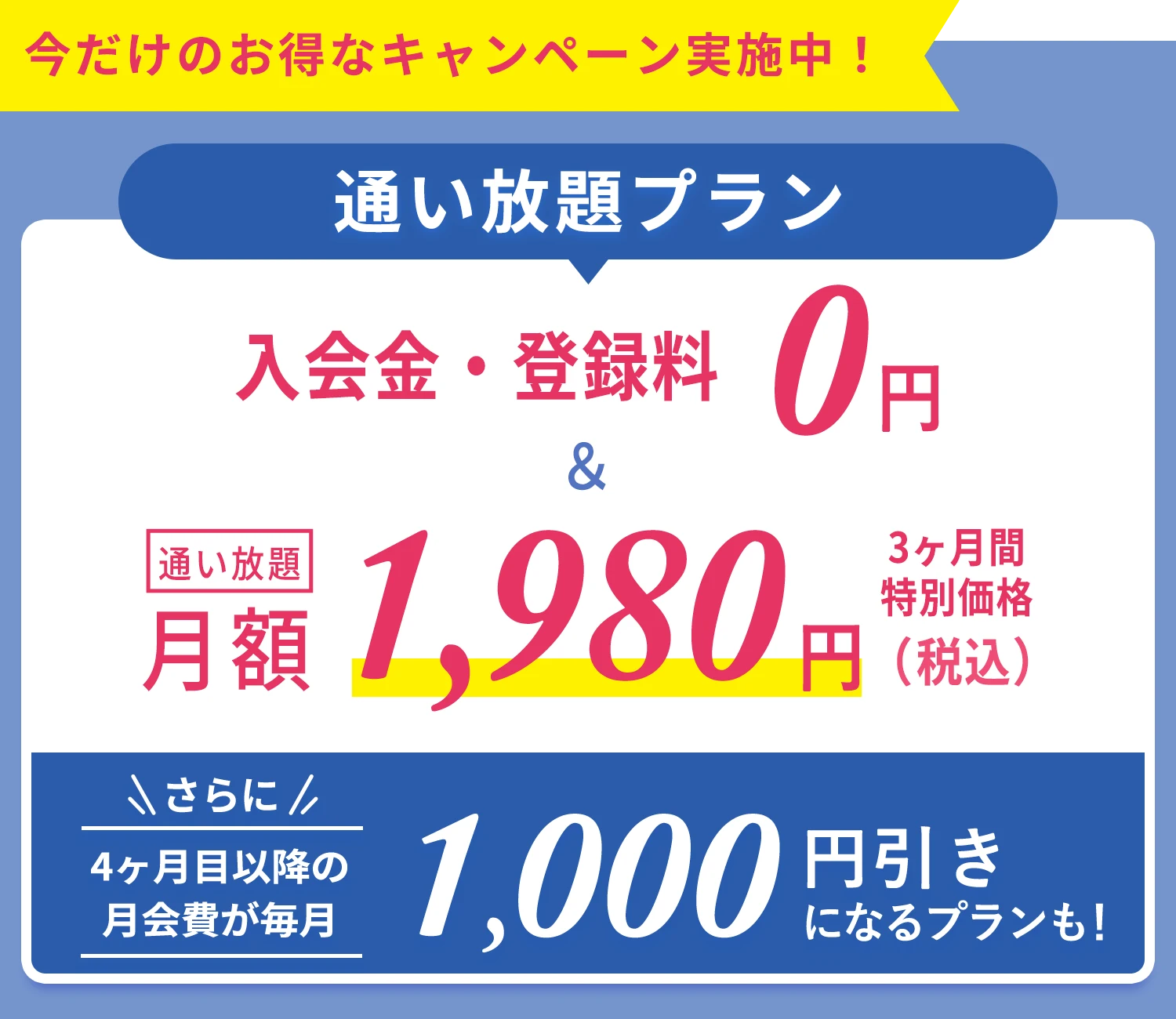 今だけのお得なキャンペーン実施中！マシンピラティス通い放題プラン 入会金・登録金0円+3ヶ月特別価格通い放題月額1,980円(税込)初月月会費 0円さらに4ヶ月目以降の月会費が毎月1,000円割引になるプランも！