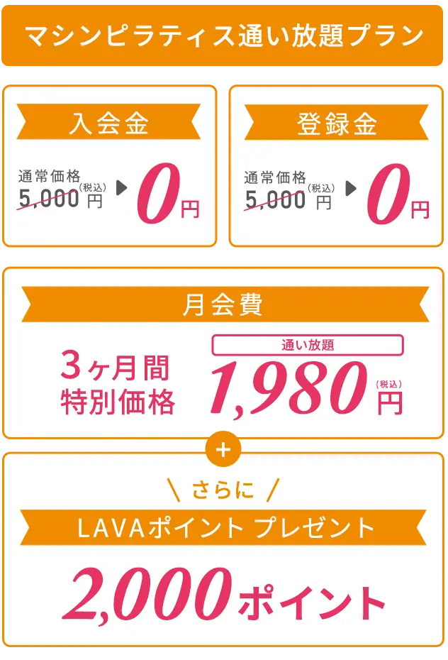 マシンピラティス＋ホットヨガ＋暗闇キックボクシング通い放題プラン ３つのフィットネスが全国通い放題でおトク！ 入会金：通常価格5,000円（税込）→0円、登録金：通常価格5,000円（税込）→0円、月会費：3ヶ月間特別価格1,980円　さらにLAVAポイント2000円分プレゼント