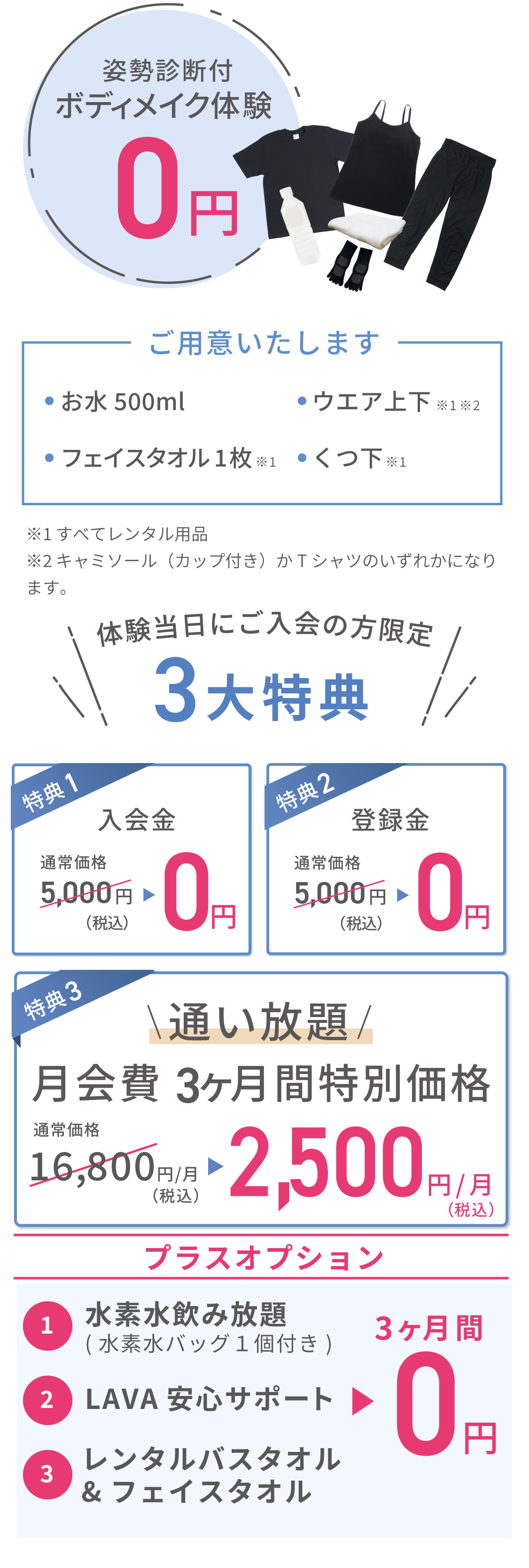体験当日にご入会の方限定　入会金＋登録金、初月 月会費0円！通い放題月会費３ヶ月間特別価格2,500円