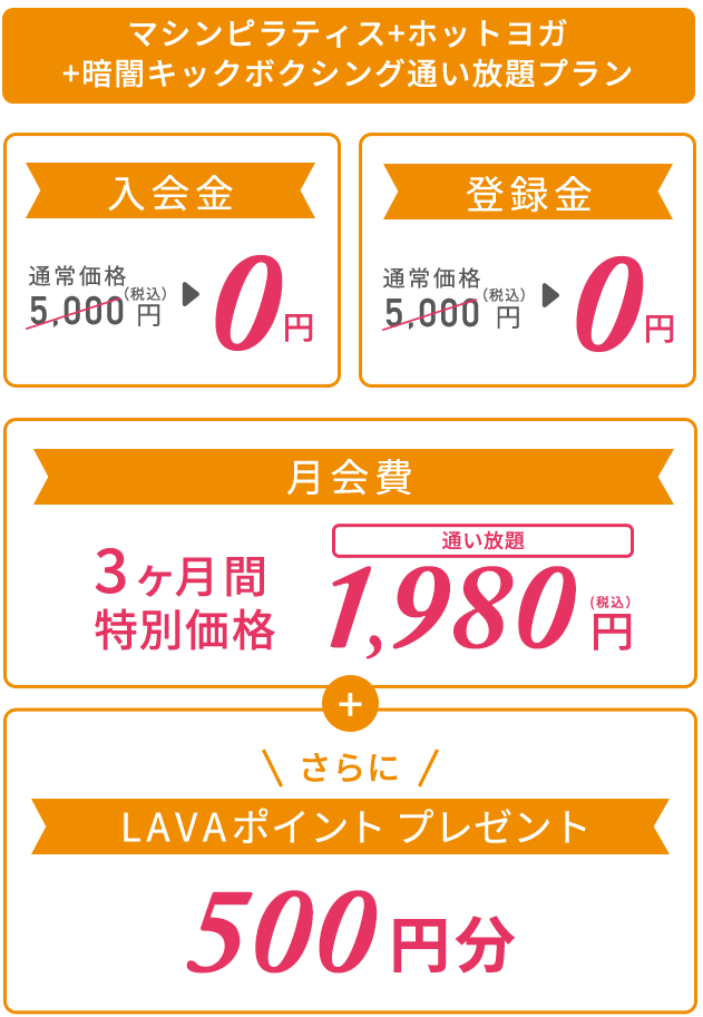 マシンピラティス＋ホットヨガ＋暗闇キックボクシング通い放題プラン ３つのフィットネスが全国通い放題でおトク！ 入会金：通常価格5,000円（税込）→0円、登録金：通常価格5,000円（税込）→0円、月会費：3ヶ月間特別価格1,980円　さらにLAVAポイント500円分プレゼント