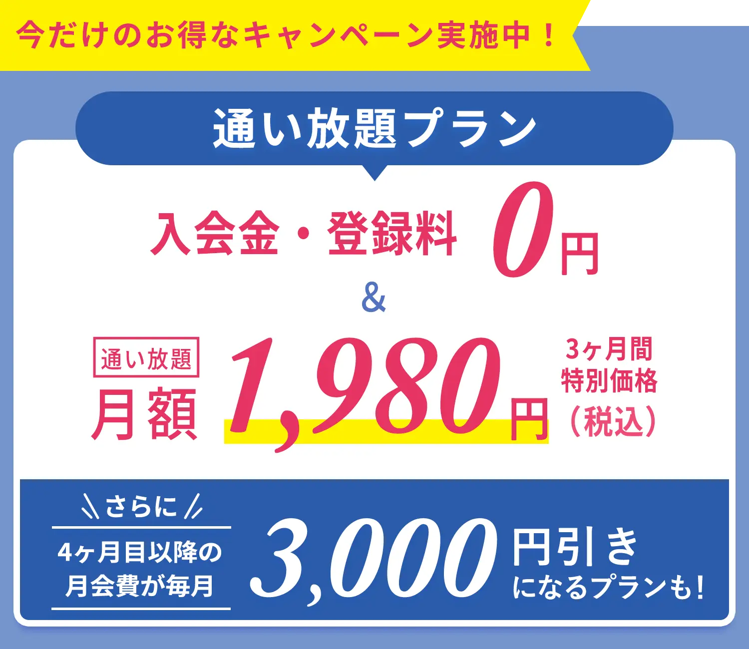 今だけのおトクなキャンペーン実施中！通い放題プラン 入会金・登録金　0円＆通い放題3ヶ月間　特別価格1,980円